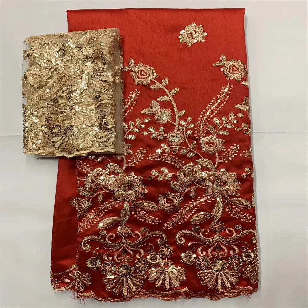 Tissu George Africain Brodé – Dentelle Satin Premium 5+2 Yards