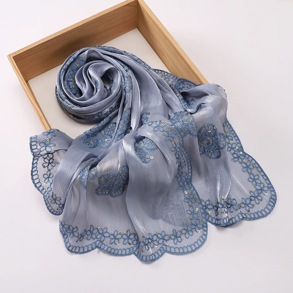 Hijab Paillettes Scintillantes Brodé – Châle Satin Brillant Femme, Foulard Mariage Ramadan 60x170cm