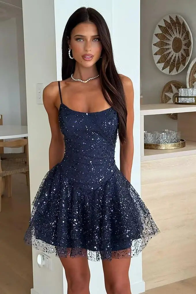 Robe de Soirée Courte À Paillettes – Ligne A, Volants, Sans Bretelles, Bal de Promo & Cocktail