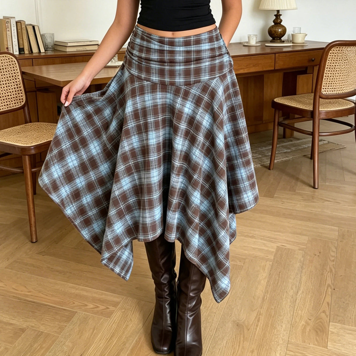 Jupe Midi Vintage Irrégulière Femme – Taille Haute Carreaux Coupe A-Line