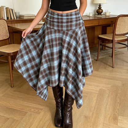 Jupe Midi Vintage Irrégulière Femme – Taille Haute Carreaux Coupe A-Line