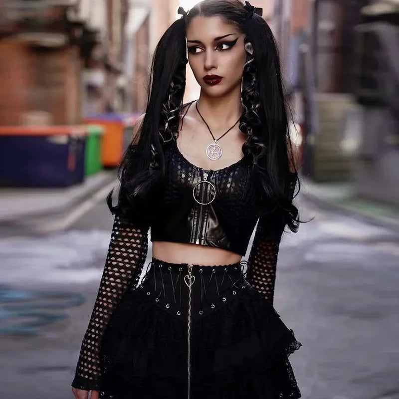 Mini Jupe Gothique Dentelle Y2K – Taille Haute, Style Emo E-Girl Lolita Harajuku Grunge Clubwear