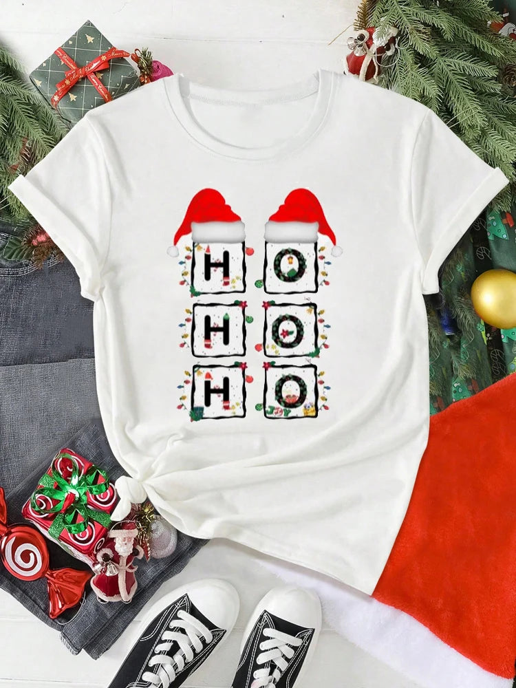 T-Shirt Femme Imprimé Noël – Motif Père Noël & Cartoon