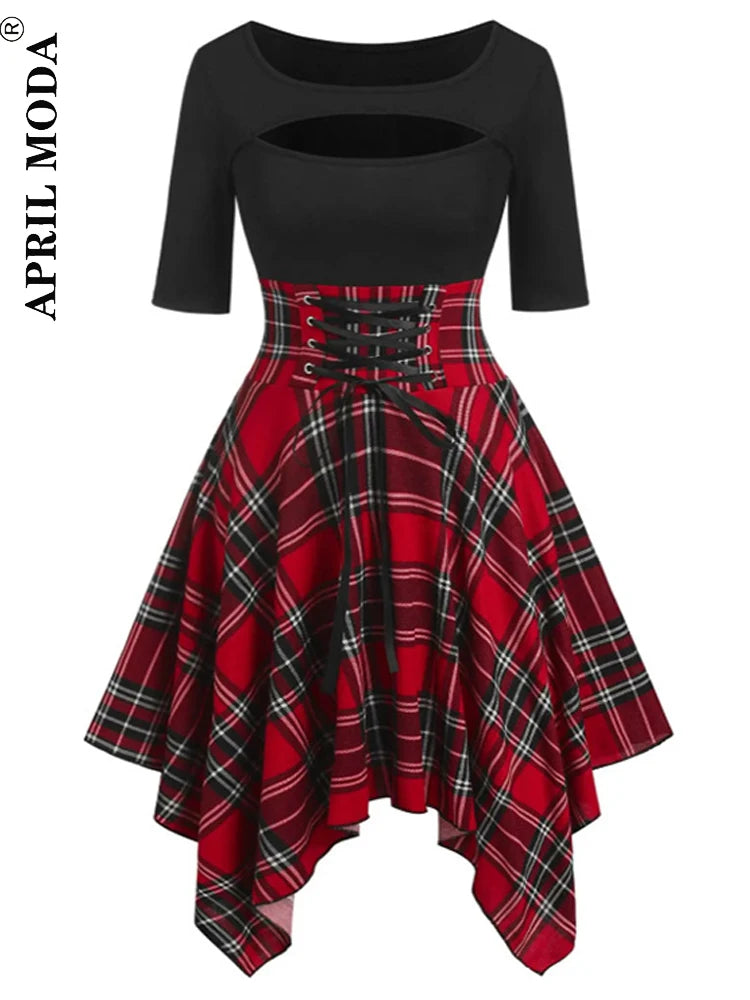 Mini Robe Punk Gothique À Carreaux Manches Longues – Lacets & Style Harajuku