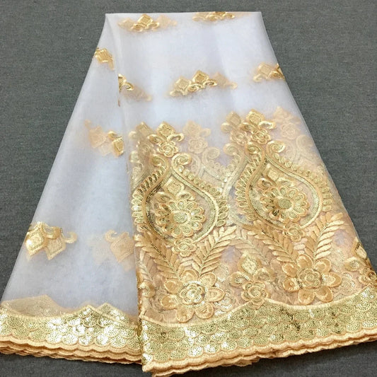 Tissu Dentelle Tulle Africaine Paillettes Dorées – Mariage & Fête, 5 Yards