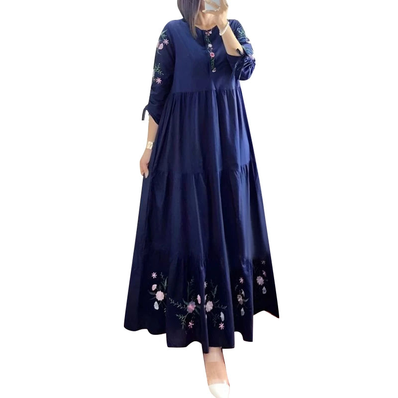 Robe Abaya Kaftan Maxi Imprimé Floral – Manches 3/4, Style Modest & Boémo