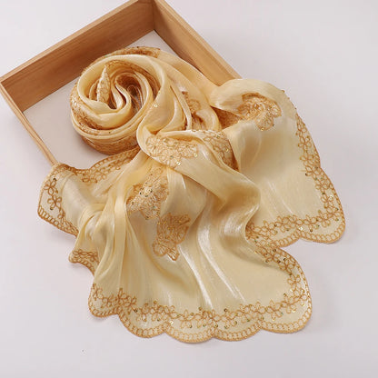 Hijab Paillettes Scintillantes Brodé – Châle Satin Brillant Femme, Foulard Mariage Ramadan 60x170cm