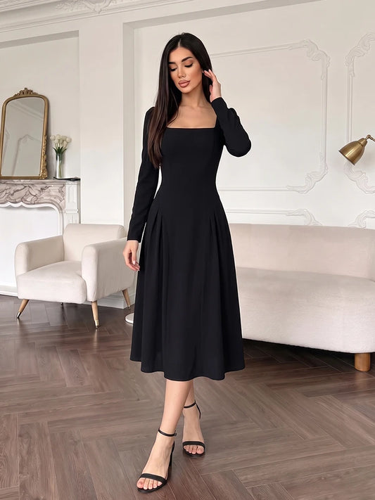 Robe Longue Col Carré Manches Longues – Style Casual Élégant, Toutes Saisons