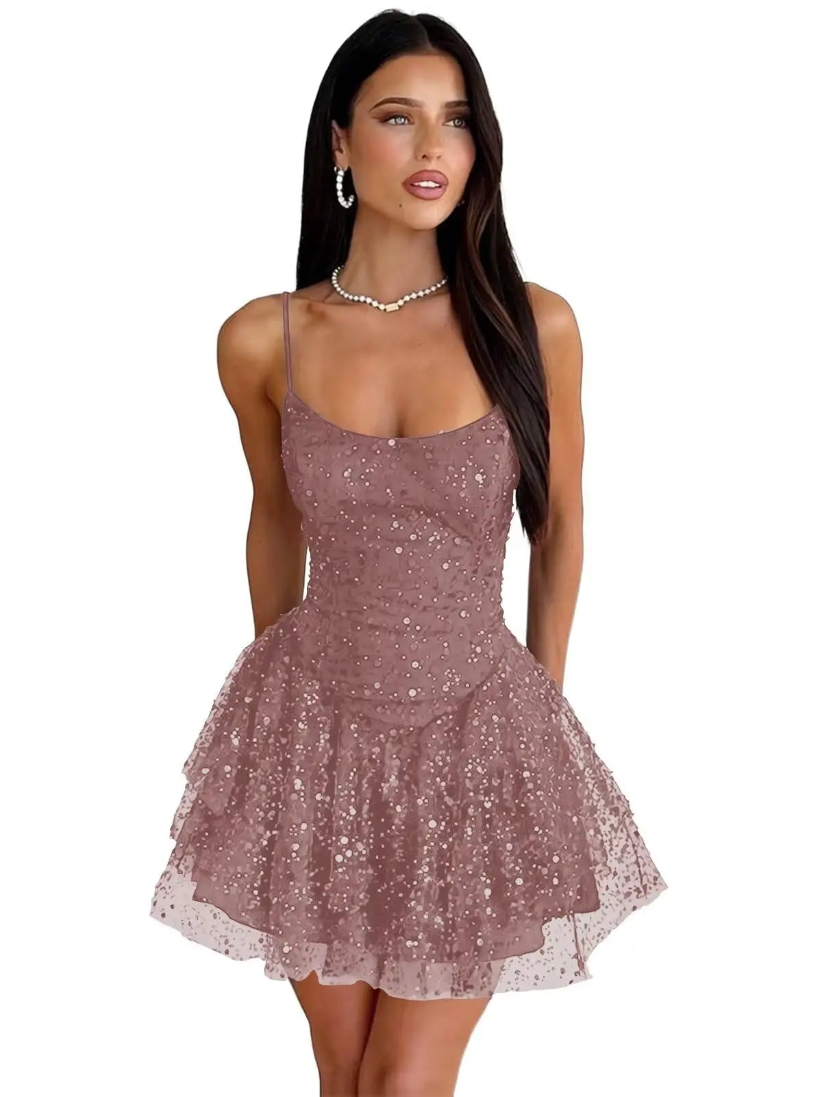 Robe de Soirée Courte À Paillettes – Ligne A, Volants, Sans Bretelles, Bal de Promo & Cocktail