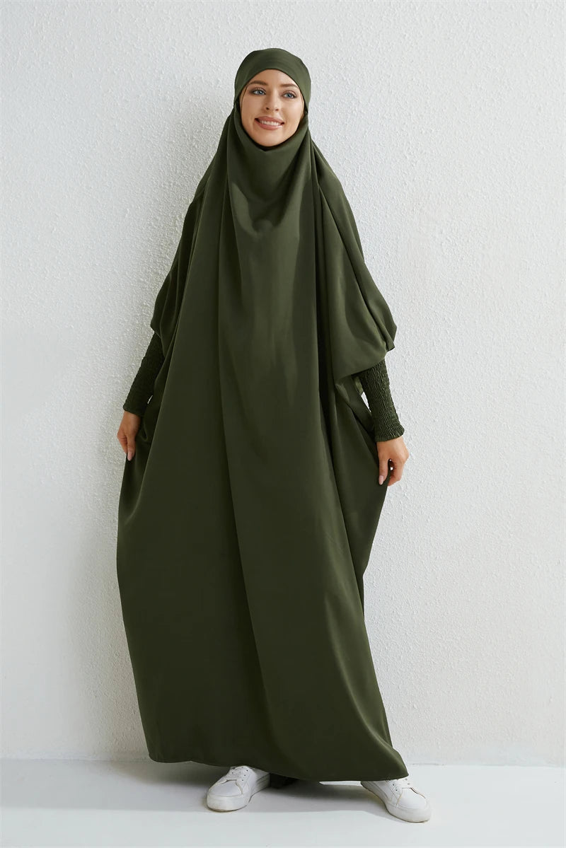Abaya Musulmane à Capuche – Robe de Prière Femme Manches Smockées, Jilbab Islamique Style Dubaï