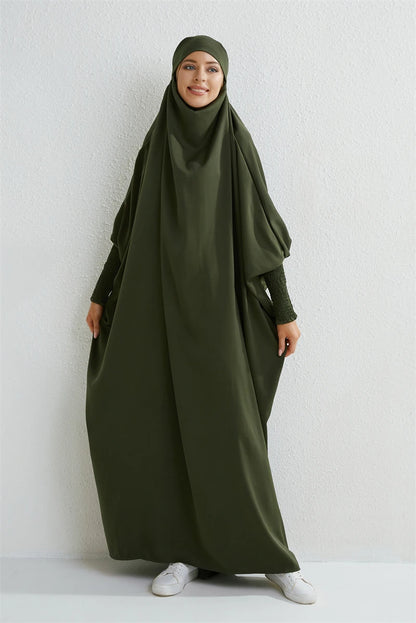 Abaya Musulmane à Capuche – Robe de Prière Femme Manches Smockées, Jilbab Islamique Style Dubaï