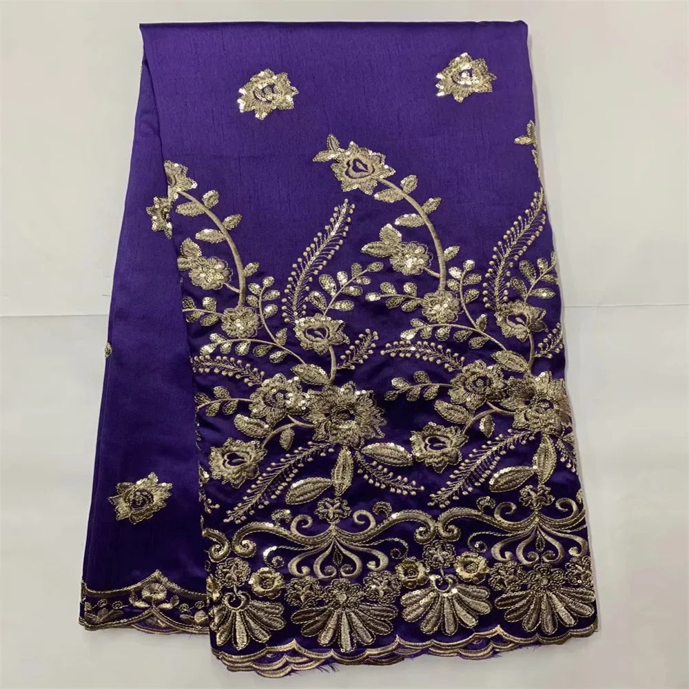 Tissu George Africain Brodé – Dentelle Satin Premium 5+2 Yards