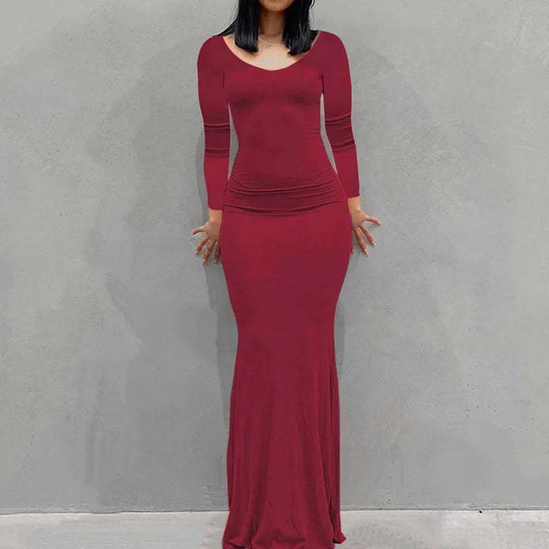 Robe Longue Moulante Femme – Col Rond & Manches Longues