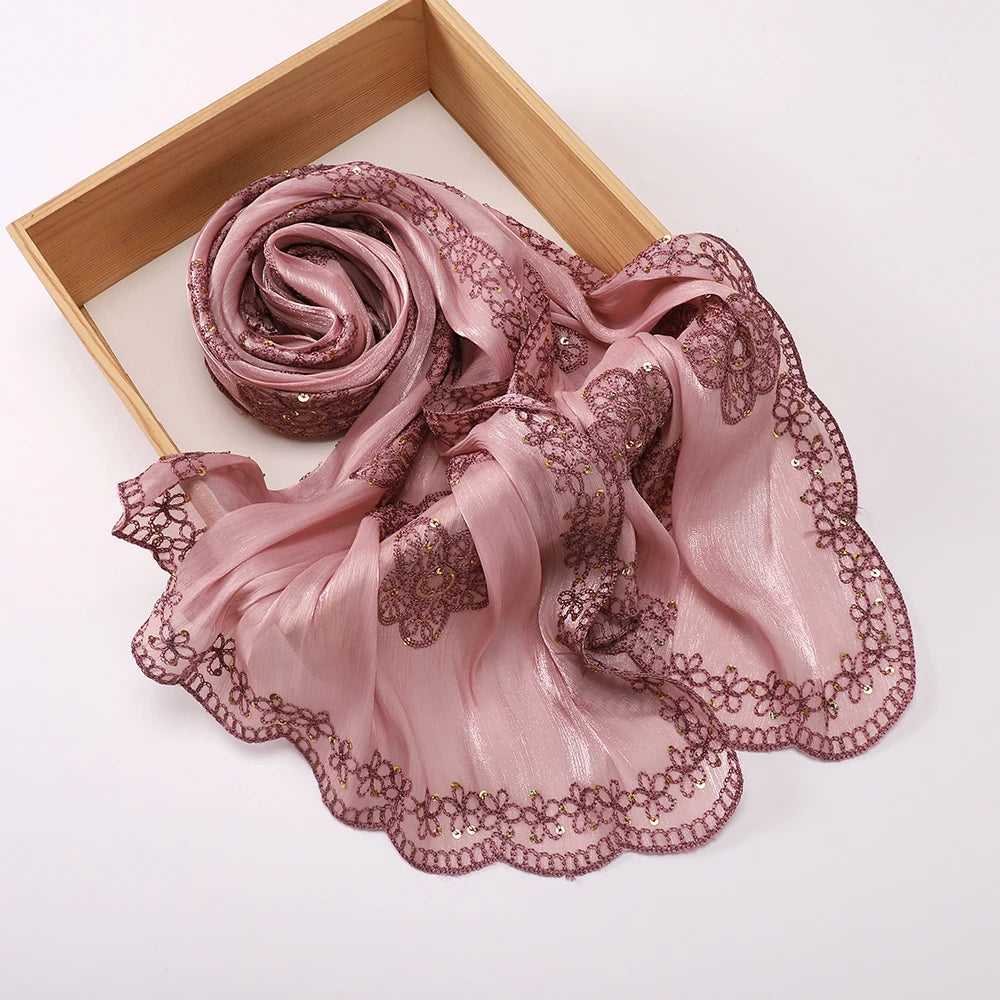 Hijab Paillettes Scintillantes Brodé – Châle Satin Brillant Femme, Foulard Mariage Ramadan 60x170cm