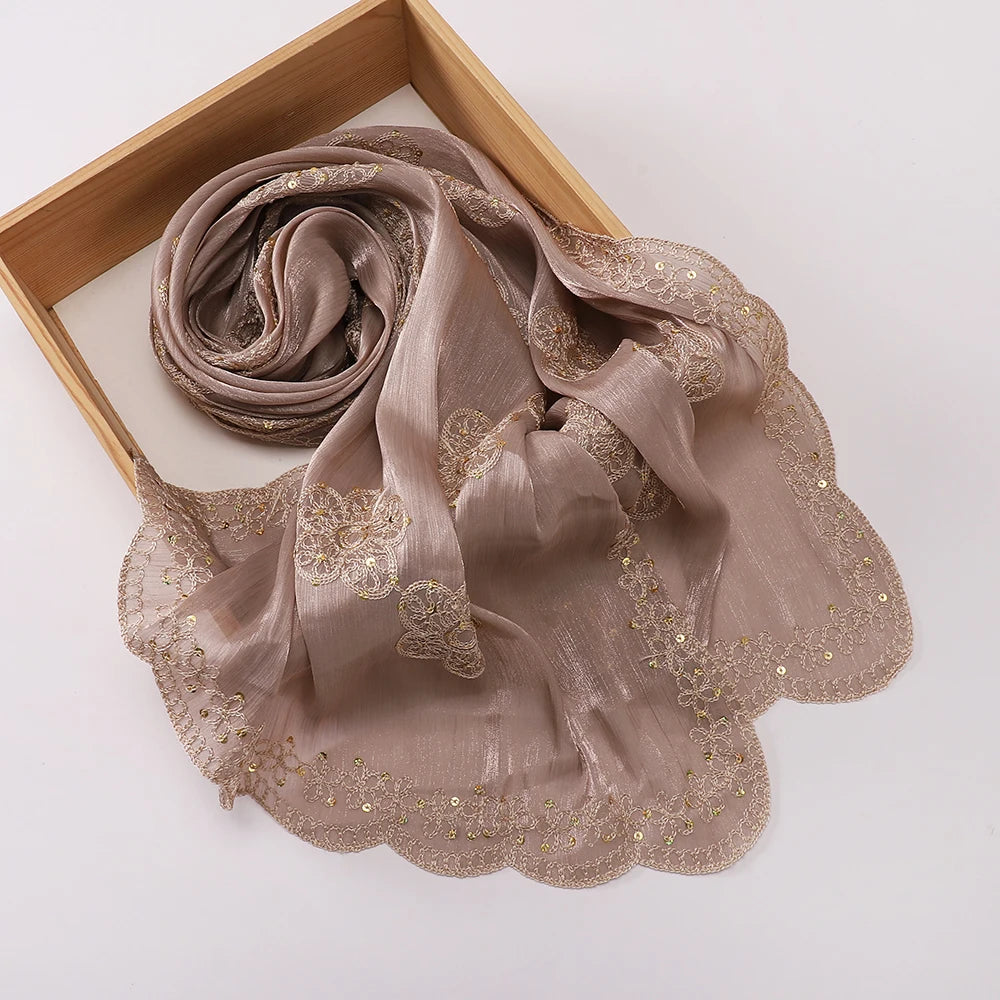 Hijab Paillettes Scintillantes Brodé – Châle Satin Brillant Femme, Foulard Mariage Ramadan 60x170cm