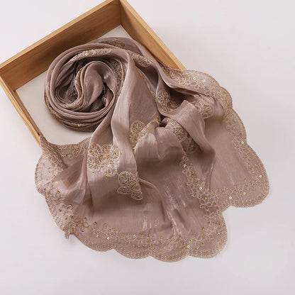 Hijab Paillettes Scintillantes Brodé – Châle Satin Brillant Femme, Foulard Mariage Ramadan 60x170cm