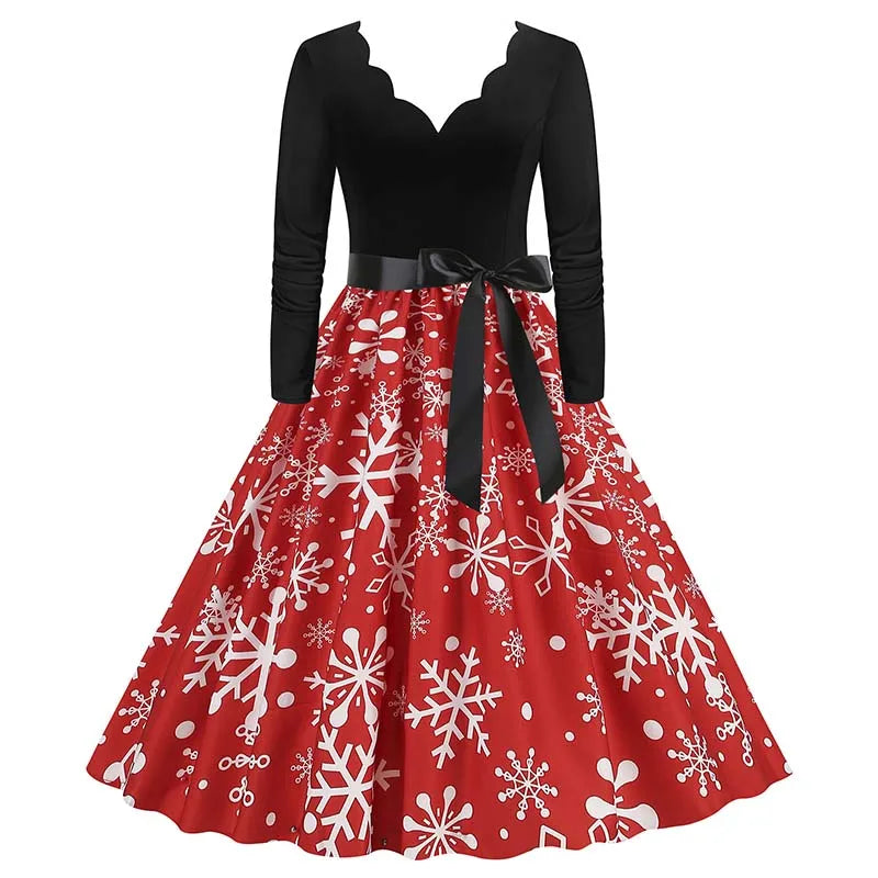 Robe Femme Noël & Fêtes Manches Longues Col V – Style Vintage Ligne A