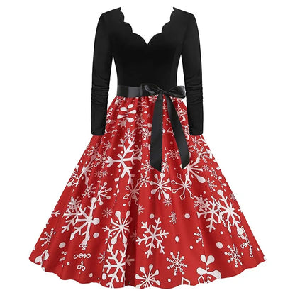 Robe Femme Noël & Fêtes Manches Longues Col V – Style Vintage Ligne A