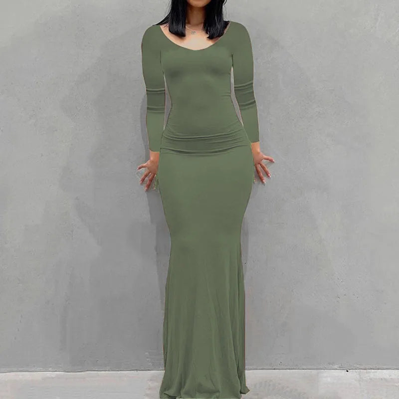 Robe Longue Moulante Femme – Col Rond & Manches Longues