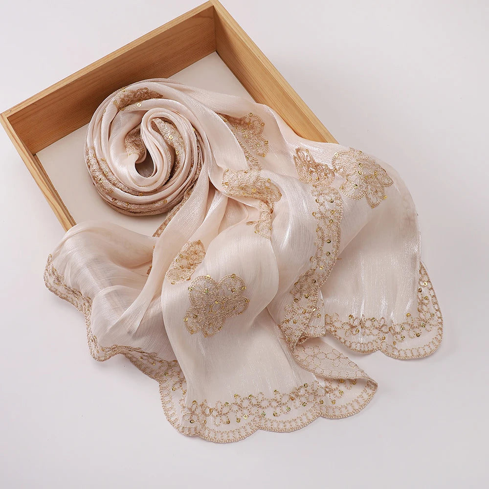 Hijab Paillettes Scintillantes Brodé – Châle Satin Brillant Femme, Foulard Mariage Ramadan 60x170cm