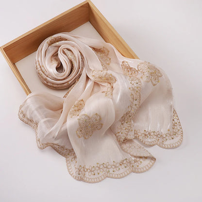 Hijab Paillettes Scintillantes Brodé – Châle Satin Brillant Femme, Foulard Mariage Ramadan 60x170cm
