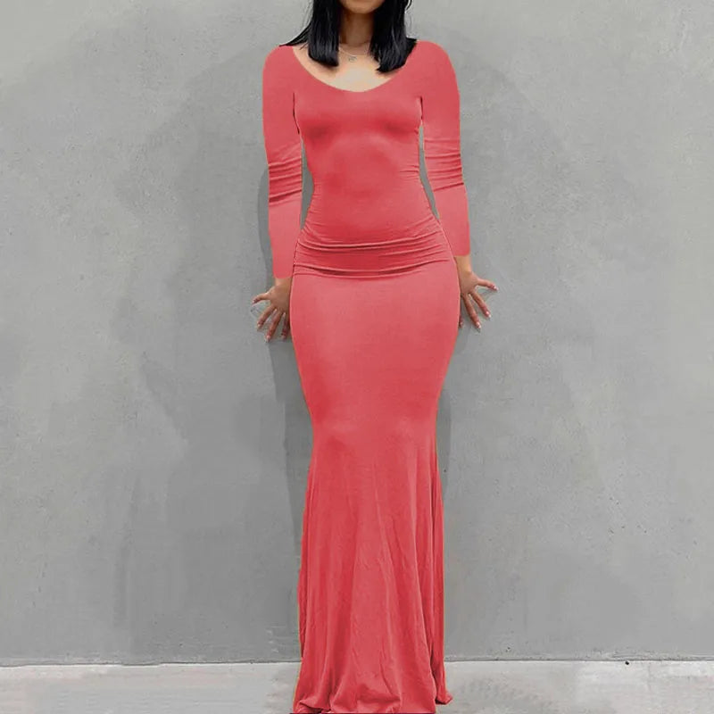Robe Longue Moulante Femme – Col Rond & Manches Longues