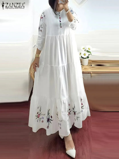 Robe Abaya Kaftan Maxi Imprimé Floral – Manches 3/4, Style Modest & Boémo
