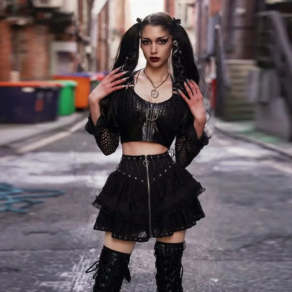 Mini Jupe Gothique Dentelle Y2K – Taille Haute, Style Emo E-Girl Lolita Harajuku Grunge Clubwear