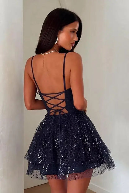 Robe de Soirée Courte À Paillettes – Ligne A, Volants, Sans Bretelles, Bal de Promo & Cocktail