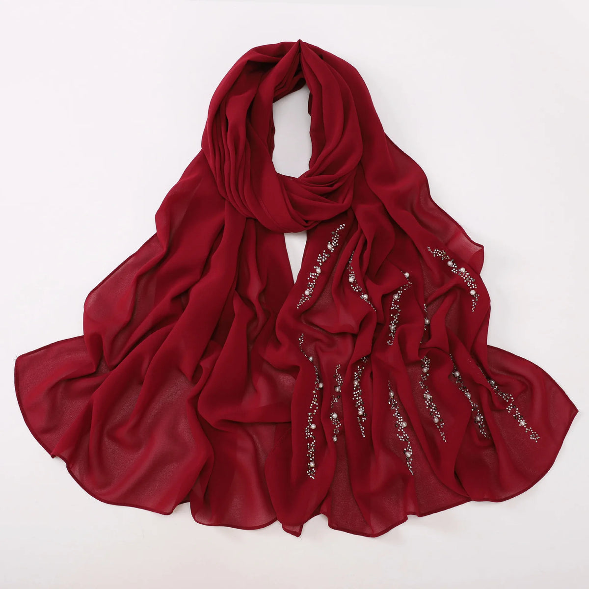 Hijab Chiffon Femme – Foulard Musulman Doux avec Strass & Perles, Voile Été 175x70cm
