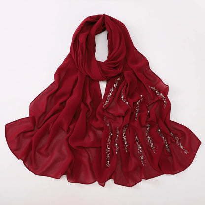 Hijab Chiffon Femme – Foulard Musulman Doux avec Strass & Perles, Voile Été 175x70cm