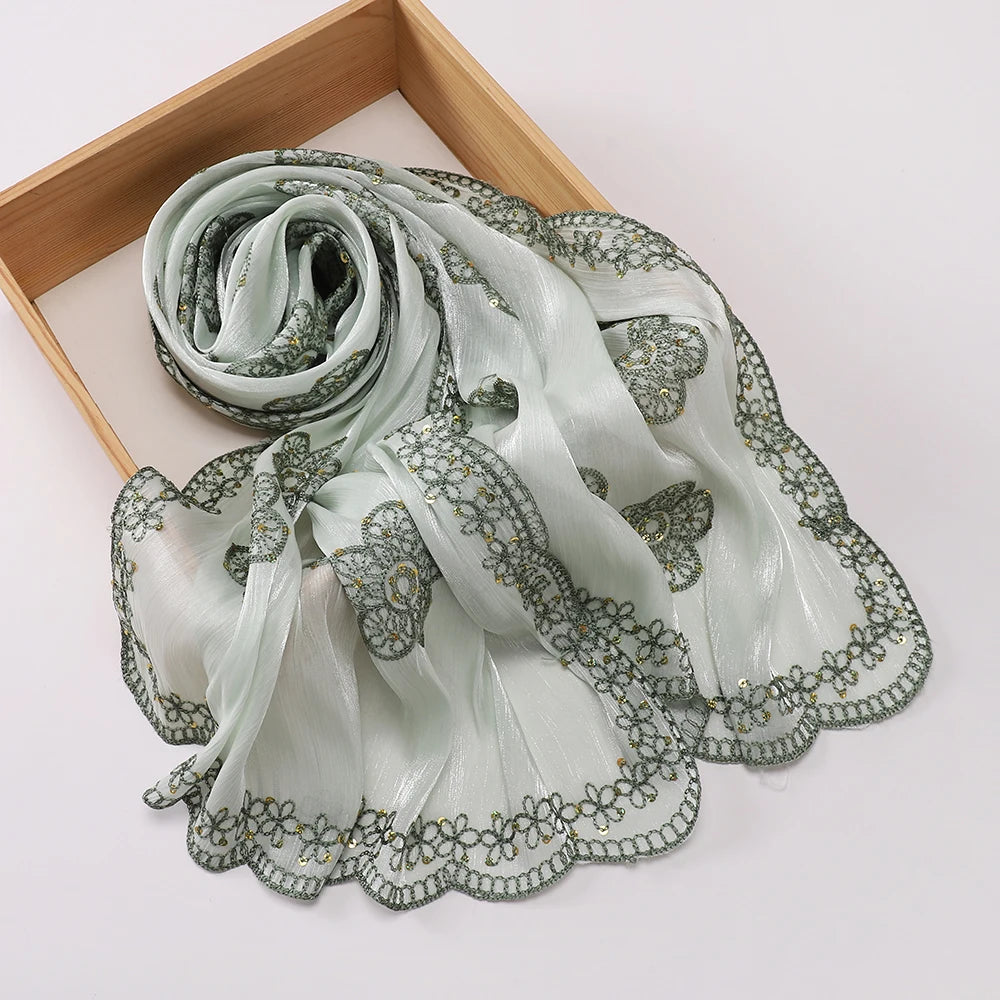 Hijab Paillettes Scintillantes Brodé – Châle Satin Brillant Femme, Foulard Mariage Ramadan 60x170cm