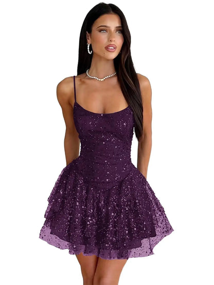 Robe de Soirée Courte À Paillettes – Ligne A, Volants, Sans Bretelles, Bal de Promo & Cocktail