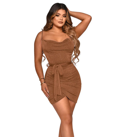 Mini Robe Bodycon Femme – Bretelles Spaghetti, Nœud & Drapé