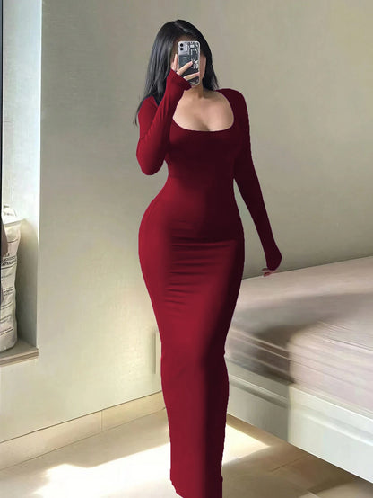 Robe Longue Bodycon Col Carré Manches Longues – Basique Minimaliste Chic