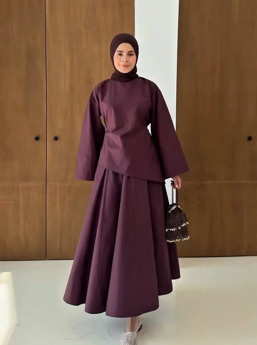 Ensemble Abaya 2 Pièces Femme Musulmane – Tenue Modesté Casual Ramadan Été, Jupe & Top