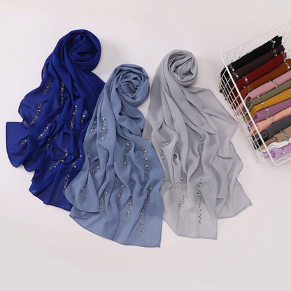 Hijab Chiffon Femme – Foulard Musulman Doux avec Strass & Perles, Voile Été 175x70cm