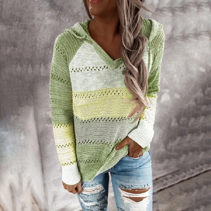 Pull Femme Grande Taille Col Capuche Manches Longues – Tricot Patchwork Crochet