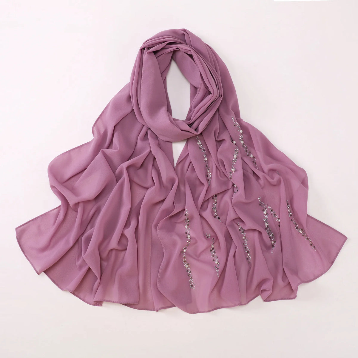 Hijab Chiffon Femme – Foulard Musulman Doux avec Strass & Perles, Voile Été 175x70cm
