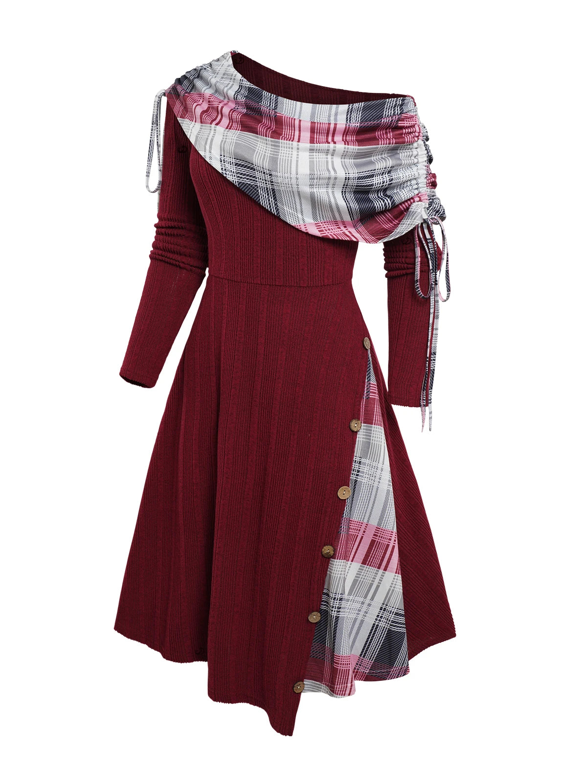 Robe Mi-Longue À Carreaux Épaules Dénudées Patchwork – Tricot Côtelé, Bouttons Déco, Automne-Hiver