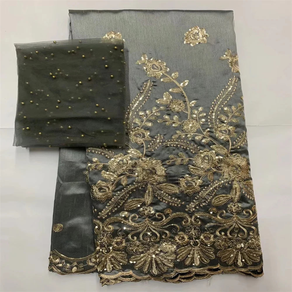 Tissu George Africain Brodé – Dentelle Satin Premium 5+2 Yards