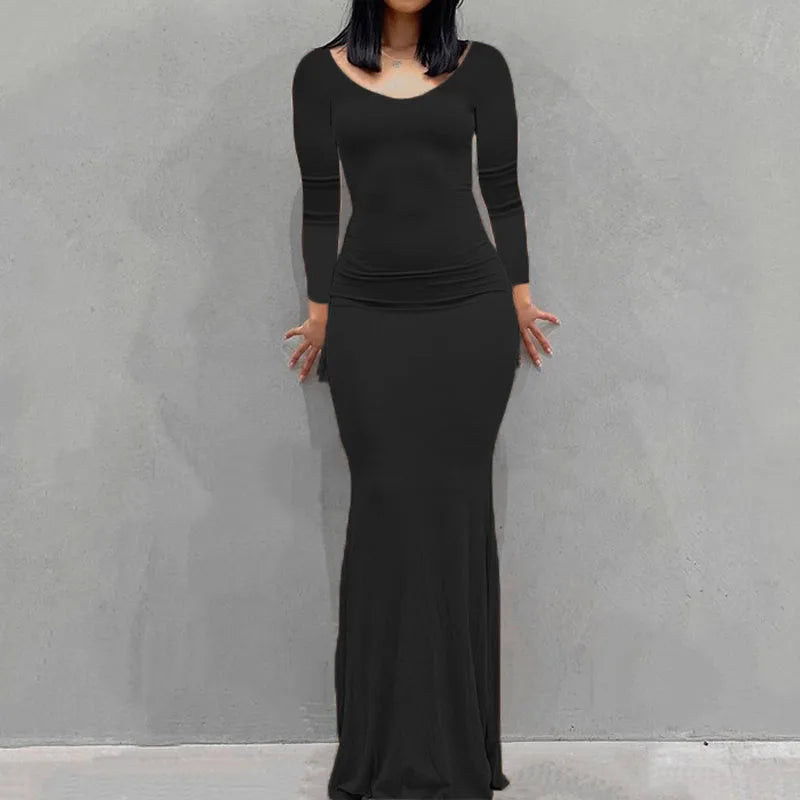 Robe Longue Moulante Femme – Col Rond & Manches Longues