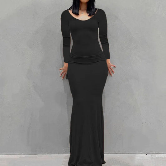 Robe Longue Moulante Femme – Col Rond & Manches Longues