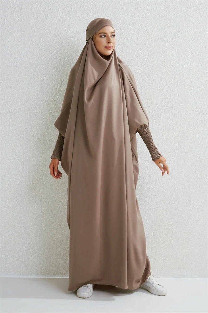 Abaya Musulmane à Capuche – Robe de Prière Femme Manches Smockées, Jilbab Islamique Style Dubaï