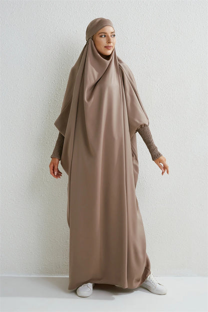 Abaya Musulmane à Capuche – Robe de Prière Femme Manches Smockées, Jilbab Islamique Style Dubaï