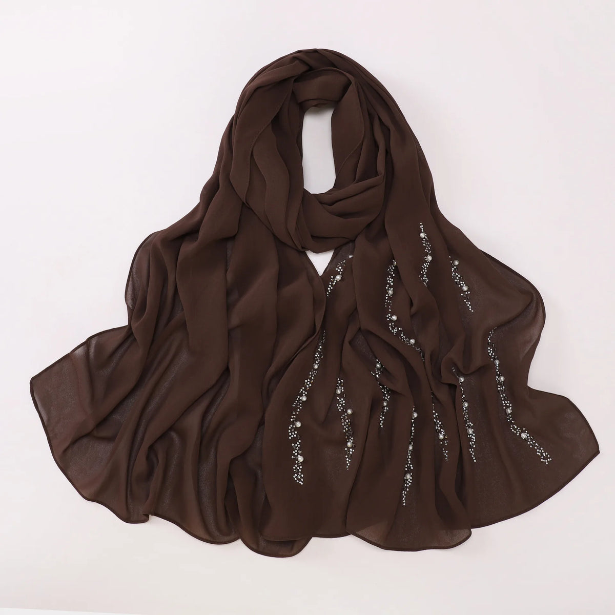 Hijab Chiffon Femme – Foulard Musulman Doux avec Strass & Perles, Voile Été 175x70cm