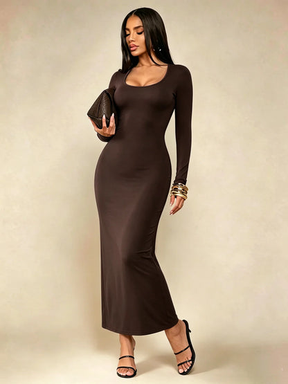 Robe Longue Moulante Col Carré Manches Longues – Uni, Minimaliste Chic, Toutes Saisons
