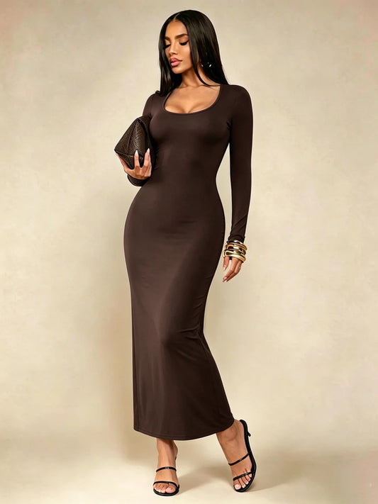 Robe Longue Moulante Col Carré Manches Longues – Uni, Minimaliste Chic, Toutes Saisons