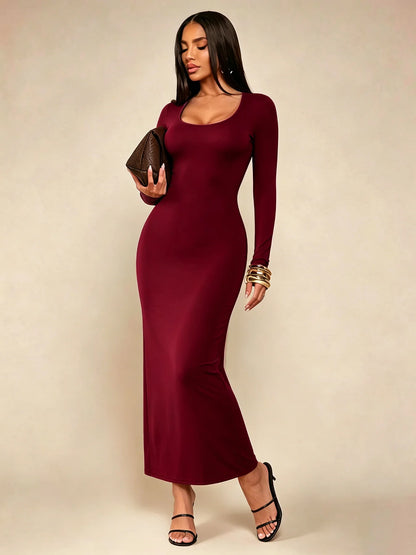 Robe Longue Moulante Col Carré Manches Longues – Uni, Minimaliste Chic, Toutes Saisons