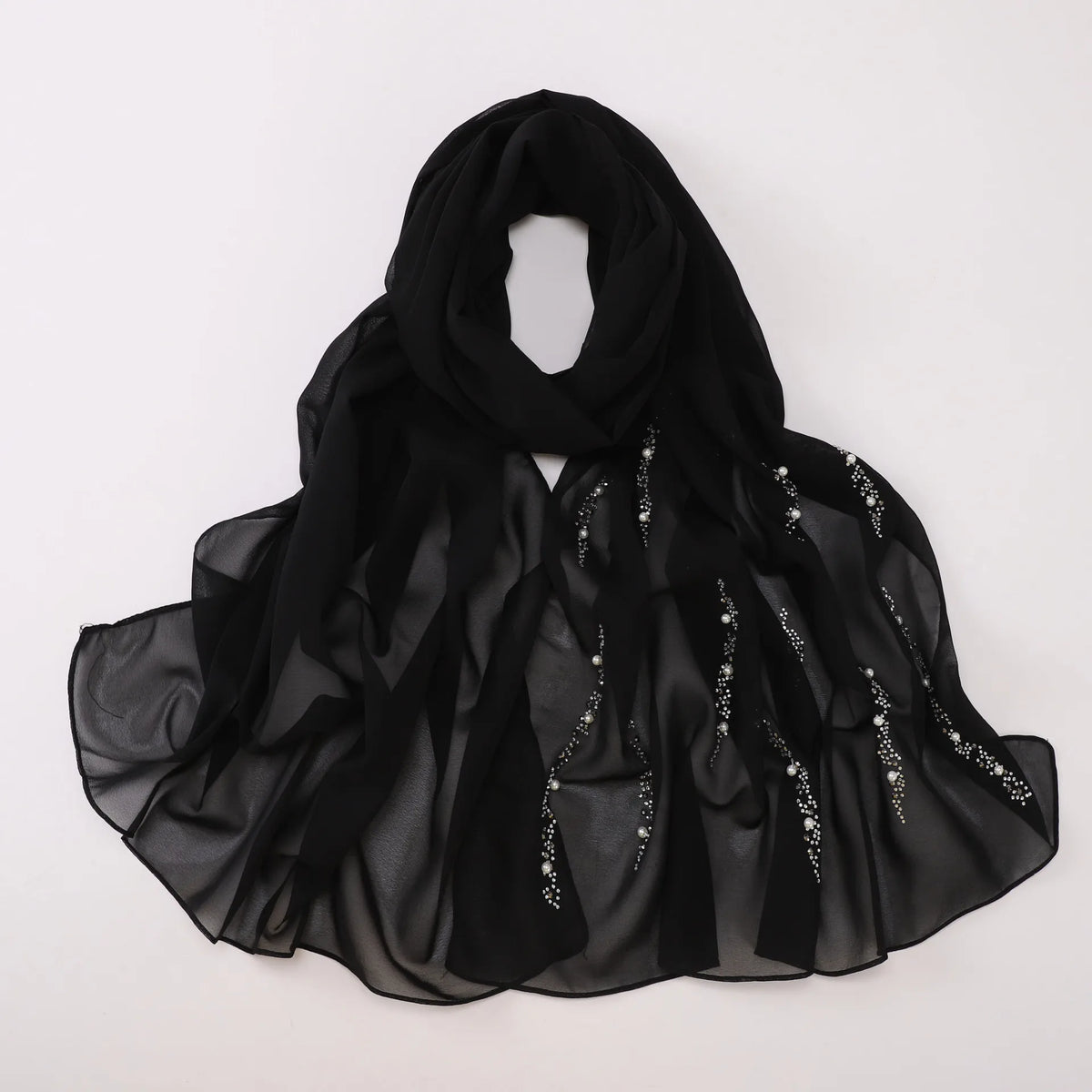 Hijab Chiffon Femme – Foulard Musulman Doux avec Strass & Perles, Voile Été 175x70cm